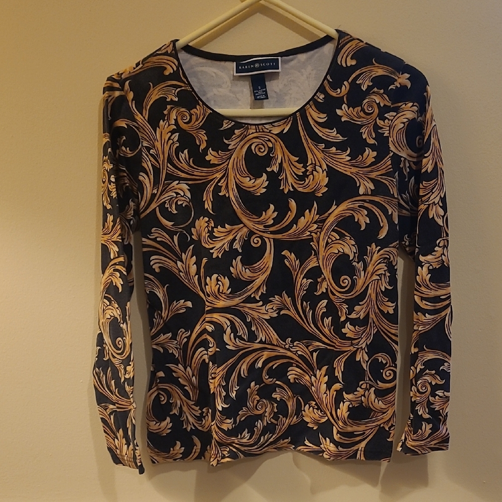 Alex Marie Elegant Black and Gold Swirl Blouse